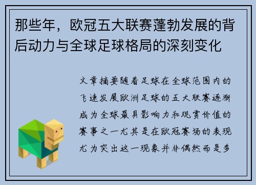 那些年，欧冠五大联赛蓬勃发展的背后动力与全球足球格局的深刻变化