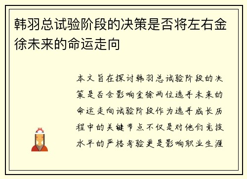 韩羽总试验阶段的决策是否将左右金徐未来的命运走向