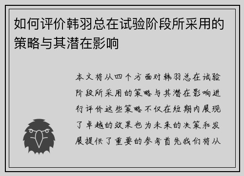 如何评价韩羽总在试验阶段所采用的策略与其潜在影响